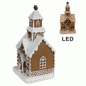 Peperkoekhuisje met LED-verlichting kerkje bruin/wit